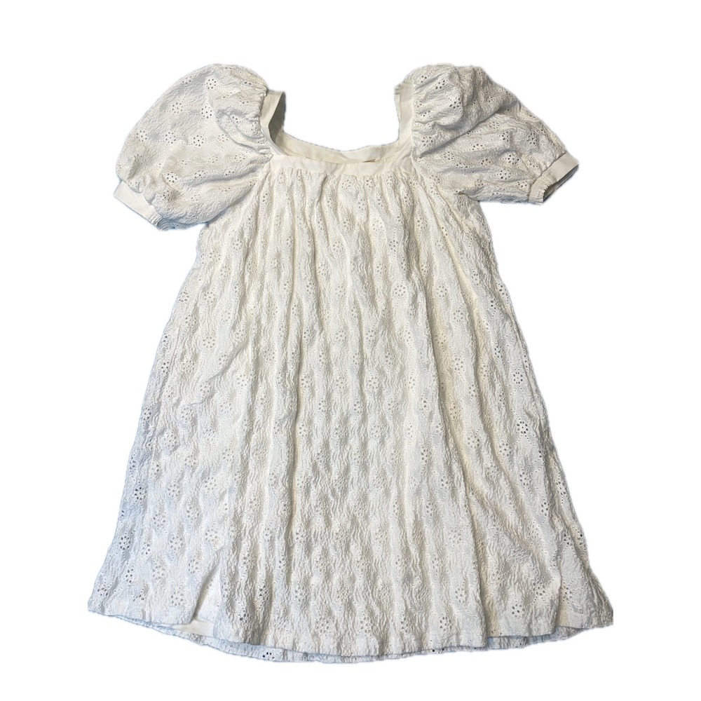 Maeve White Eyelet Puff Sleeve Square Neck A-Line Dress Casual Boho Festival M